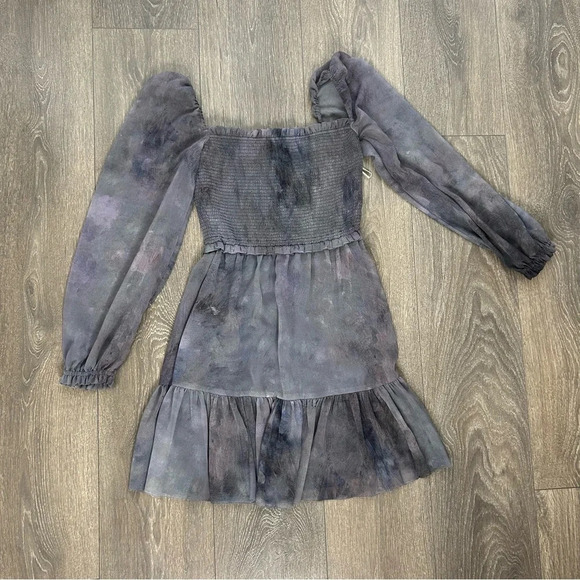 Aritzia Wilfred Tempest Mini Dress Smocked bodice Chiffon Puff Sleeve Purple - Picture 9 of 16